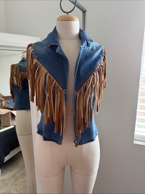Saints And Hearts Jackets & Blazers - Saints & Hearts Denim Fringe Vest Jacket - Blue with Tan Fringe